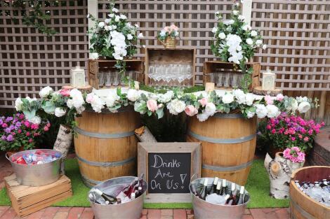 Wine Barrel and Door Bar with flowers 