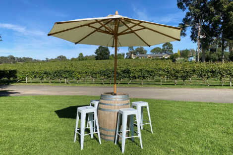 Wine Barrel + Beige Umbrella