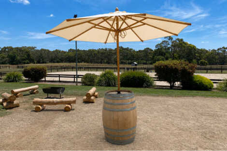 Wine Barrel + Beige Umbrella