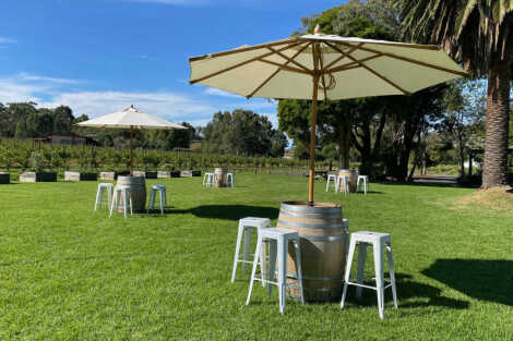 Wine Barrel + Beige Umbrella