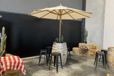 Wine Barrel + Beige Umbrella