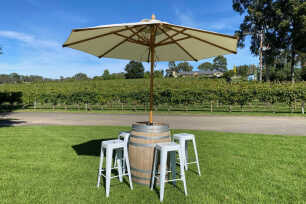 Wine Barrel + Beige Umbrella