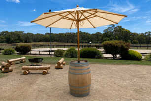 Wine Barrel + Beige Umbrella