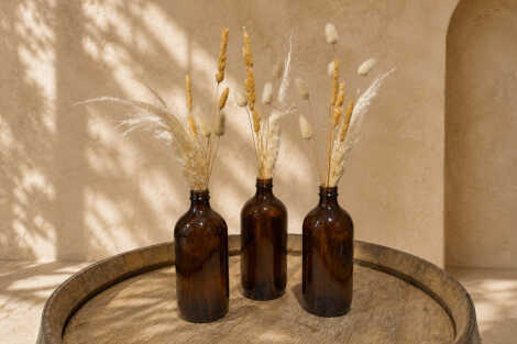 Vintage Amber Bottle with Grass