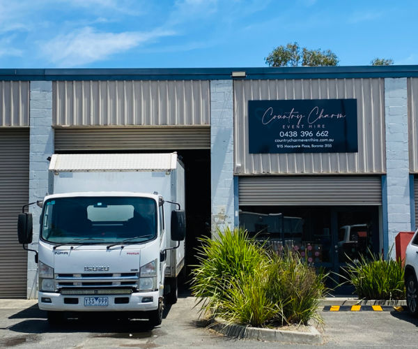 Photo shows the front of Country Charm Event Hire's Warehouse